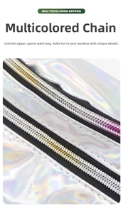 Detail showing multi-colored zippers on a holographic laser waist bag for sports