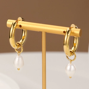 Baroque gold plated stainless steel hoop earrings with white teardrop pearl drops