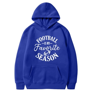 Royal blue fleece hoodie with white football season print and kangaroo pocket