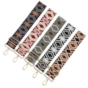 Adjustable geometric woven bag straps with gold metal hooks in five color patterns