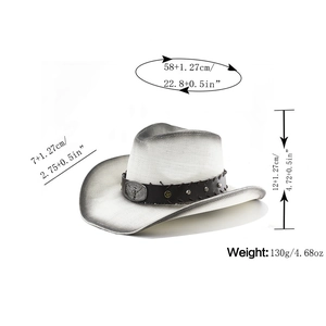 Detail view of western straw hat with dimensions 58cm head girth and bull head ornament
