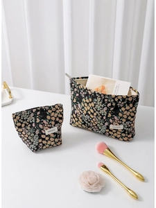 Floral canvas makeup bag set of two with zipper closure and black star pattern print