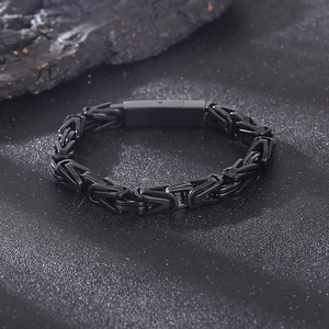 Detail of 8mm black Byzantine stainless steel king chain bracelet with rectangular clasp