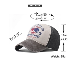 Detailed measurement guide for vintage washed baseball cap with size and weight parameters