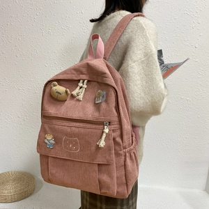 Corduroy Backpack For Girls Large Capacity School Bag Cute Bear Pendant Harajuku Japanese Style Student Rucksack