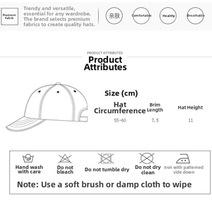 Detailed size chart and washing guide for the acrylic baseball cap showing dimensions