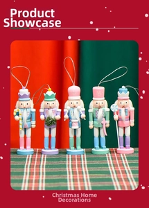 Set of five 13cm macaron-colored wooden nutcracker ornaments with festive glitter accents