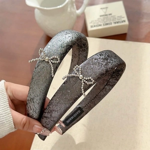 Handmade Elegant Wide Padded Headband Fabric Hairband With Rhinestone Bead Bow Decoration Sweet Hair Accessories For Women