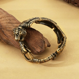Retro tiger head bracelet in antique gold finish, stainless steel zodiac jewelry for men
