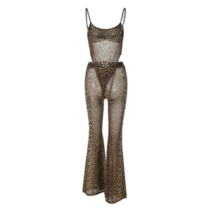 Detail of sheer leopard print mesh set featuring camisole crop top and flare trousers