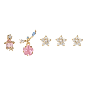 Close-up of five zircon stud earrings set with pink planets and gold flower shapes