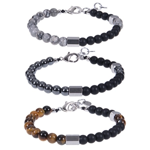 Natural Stone Beaded Bracelet Stainless Steel Adjustable Map Stone Tiger Eye Minimalist Jewelry For Men Women