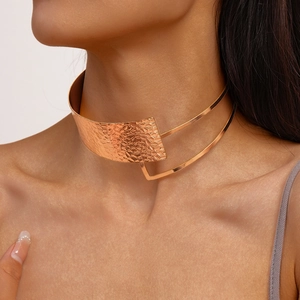 Hammered Metal Choker Necklace For Women Double Layer Irregular Geometric Pleated Opening Exaggerated Fashion Jewelry