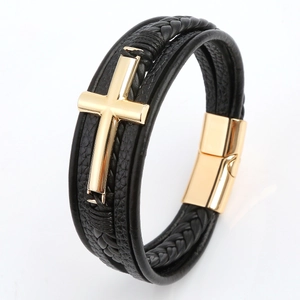 Multilayer black woven leather bracelet for men featuring a polished gold metal cross charm