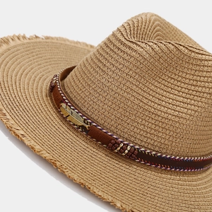 Ethnic straw fedora hat with metallic feather charm and frayed edge for beach vacation