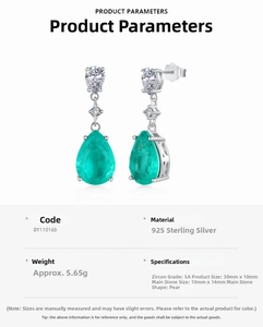 Detailed specs of 925 sterling silver pear-cut green zircon drop earrings with S925 stamp