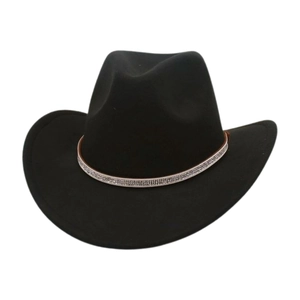 Classic black wool cowboy hat with sparkly silver rhinestone belt and jazz fedora style