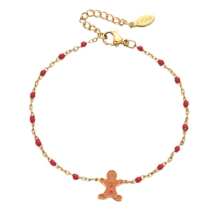 Gold stainless steel beaded bracelet featuring a festive gingerbread man enamel charm