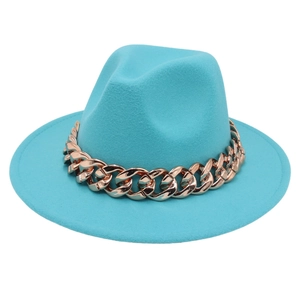 Detail view of teal wool felt jazz hat featuring a chunky rose gold acrylic chain link