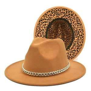 Detail of camel wool fedora hat with silver chain and leopard print brim underside