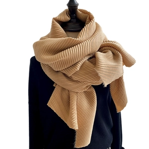 Khaki pleated scarf for women features heavy brushed texture and long pashmina style