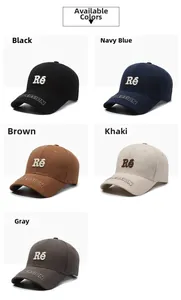 Collage of five baseball caps in black navy brown khaki and grey with Ré embroidery