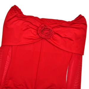 Detail of red off-shoulder bodysuit with ruched fabric and rose flower embellishment