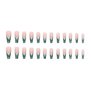 Lange Sargnägel in Nude-Rosa mit dunkelgrünem Wellenmuster, 24-teiliges Set für Frauen