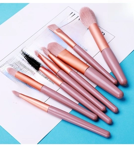 Detailed view of 8-piece pink and rose gold makeup brushes on decorative background