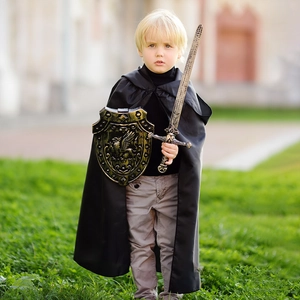 Kids medieval knight costume with black hooded cloak, bronze sword and griffin shield set