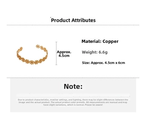 Detail view of hollow flower cuff bracelet in copper with size and weight specs
