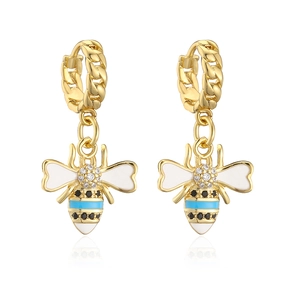 Detailed macro shot of 18K gold plated bee earrings with colorful enamel and zircon stones