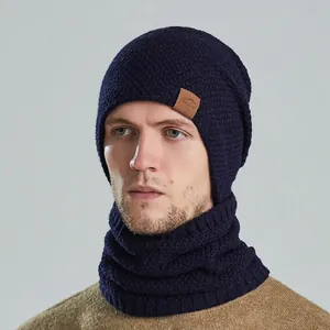 Men's navy blue winter knit hat and thick fleece-lined neck warmer set with sports logo