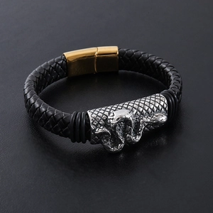 Hiphop zwart lederen armband met zilveren slangenkop en gouden magnetische sluiting