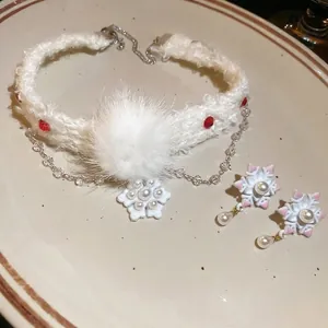Parure de bijoux de Noël avec pendentif flocon, perle et collier à pompon blanc