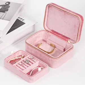 Pink velvet double-layer jewelry box for girls with zipper and removable tray