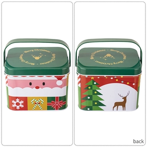 Front and back detail of Christmas tin box with Santa Claus and reindeer graphics