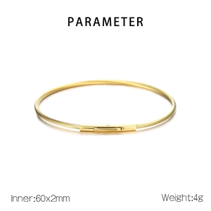 Detailed parameter view of a 2mm gold-plated stainless steel wire bracelet with 60mm inner diameter