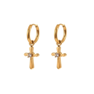 Close-up of gold stainless steel hoop earrings with a central diamond-set cross pendant
