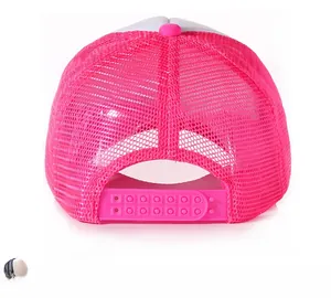 Detail view of adjustable snapback closure on a pink and white mesh trucker cap