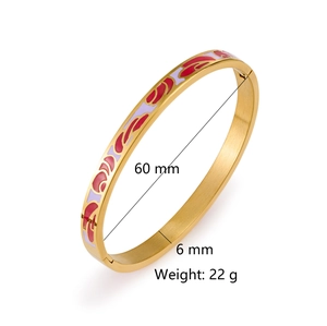 Gold-plated stainless steel bangle with pink enamel patterns and dimensions on white background