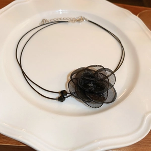 Double Layer Black Mesh Flower Choker Necklace With Crystal Beads For Women Dark Gothic Style Elegant Neck Accessory