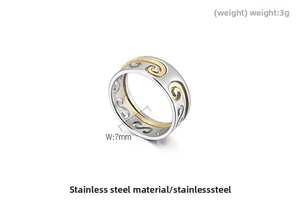 Detailed view of 7mm stainless steel ring with golden scroll relief and 3g weight