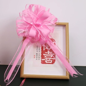 Detailed close-up of a large pink decorative ribbon bow with layered sheer fabric and satin
