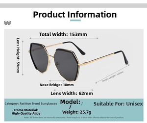 Spécifications de taille pour lunettes de soleil polygonales avec monture dorée