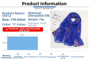 Detail of royal blue faux silk scarf with red floral embroidery and 170x65cm size specs