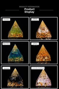 Detail view of crystal pyramids with copper spirals and various natural stones in resin