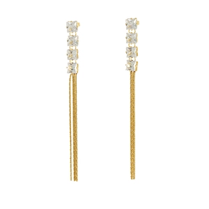 Elegant gold-tone long fringe tassel earrings with square cubic zirconia studs for women
