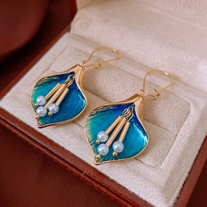 Vintage gold-plated floral earrings with blue-green enamel and hanging pearls