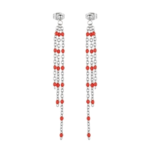 Minimalist stainless steel tassel drop earrings with vibrant red resin beads in silver tone